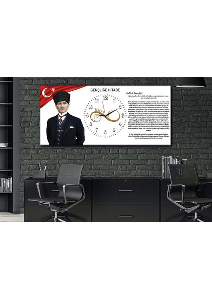 Atatürk ve Gençliğe Hitabe Yatay Ortadan Saatli Vatan Temalı Cam Tablo 023 YSOV023