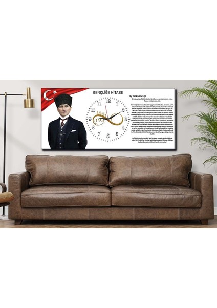 Atatürk ve Gençliğe Hitabe Yatay Ortadan Saatli Vatan Temalı Cam Tablo 023 YSOV023 fiyatları