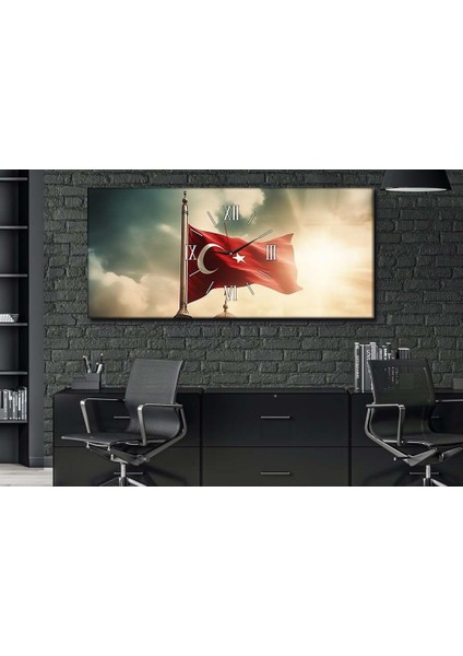 Dalgalanan Türk Bayrağı Yatay Ortadan Saatli Vatan Temalı Cam Tablo 088 YSOV080