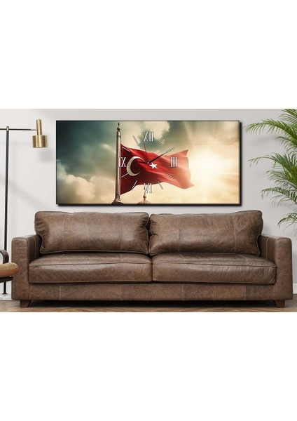 Dalgalanan Türk Bayrağı Yatay Ortadan Saatli Vatan Temalı Cam Tablo 088 YSOV080