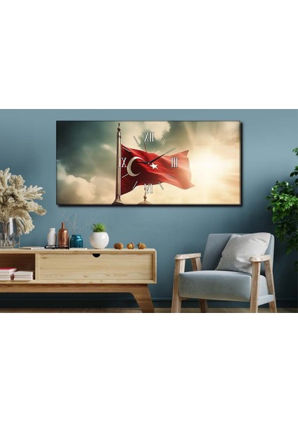 Dalgalanan Türk Bayrağı Yatay Ortadan Saatli Vatan Temalı Cam Tablo 088 YSOV080