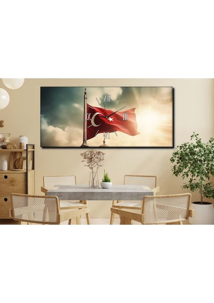 Dalgalanan Türk Bayrağı Yatay Ortadan Saatli Vatan Temalı Cam Tablo 088 YSOV080