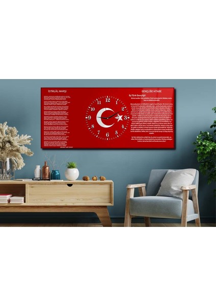 Türk Bayrağı Zeminli Gençliğe Hitabe ve Istiklal Marşı Yatay Ortadan Saatli Cam Tablo 001 YSOV001