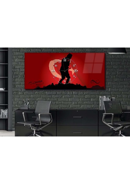 Türk Bayrağı Zeminli Atatürk Portresi Yatay Ortadan Saatli Vatan Temalı Cam Tablo 049 YSOV049