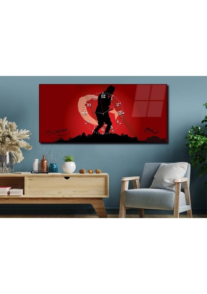 Türk Bayrağı Zeminli Atatürk Portresi Yatay Ortadan Saatli Vatan Temalı Cam Tablo 049 YSOV049