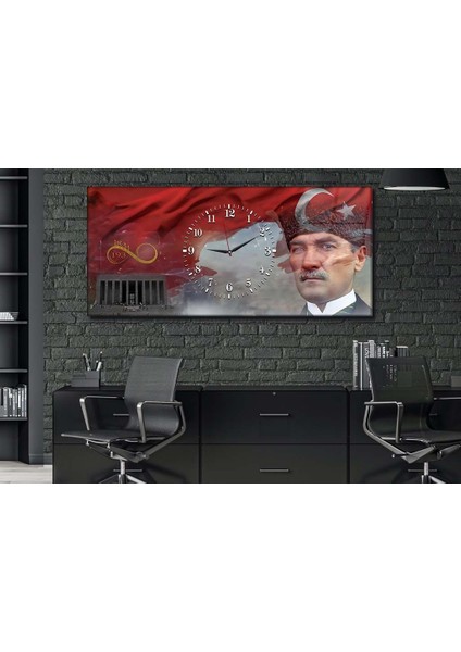 Atatürk 1881-1938 Yatay Ortadan Saatli Vatan Temalı Cam Tablo 071 YSOV071