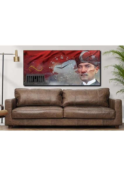 Atatürk 1881-1938 Yatay Ortadan Saatli Vatan Temalı Cam Tablo 071 YSOV071
