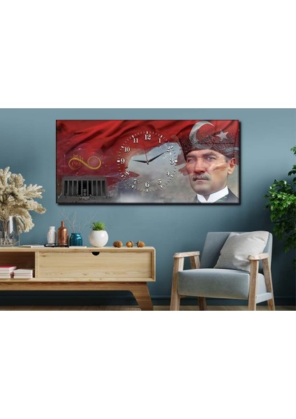 Atatürk 1881-1938 Yatay Ortadan Saatli Vatan Temalı Cam Tablo 071 YSOV071