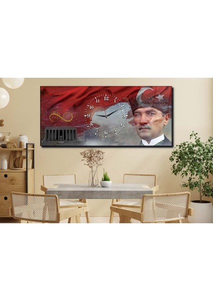 Atatürk 1881-1938 Yatay Ortadan Saatli Vatan Temalı Cam Tablo 071 YSOV071