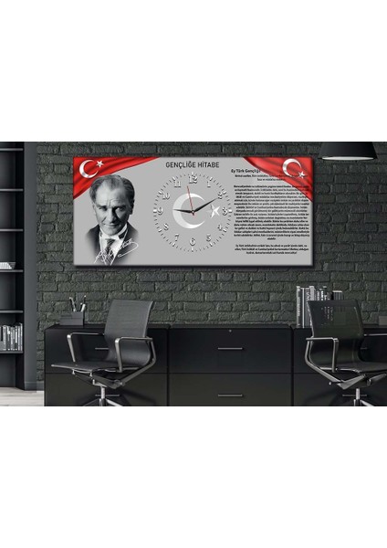 Atatürk ve Gençliğe Hitabeli Yatay Ortadan Saatli Vatan Temalı Cam Tablo 010 YSOV010