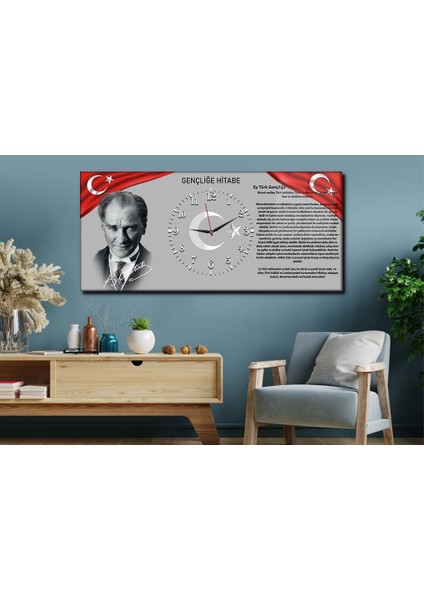 Atatürk ve Gençliğe Hitabeli Yatay Ortadan Saatli Vatan Temalı Cam Tablo 010 YSOV010