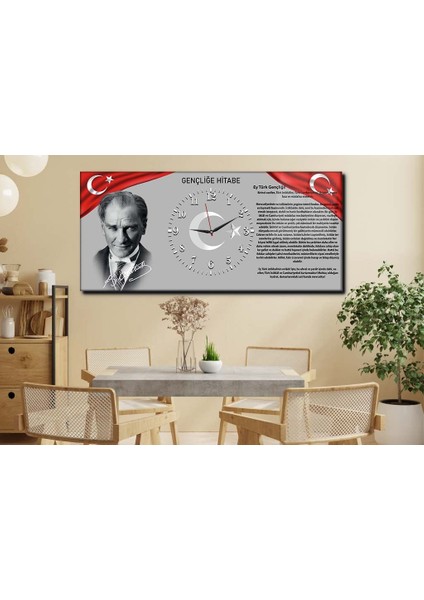 Atatürk ve Gençliğe Hitabeli Yatay Ortadan Saatli Vatan Temalı Cam Tablo 010 YSOV010