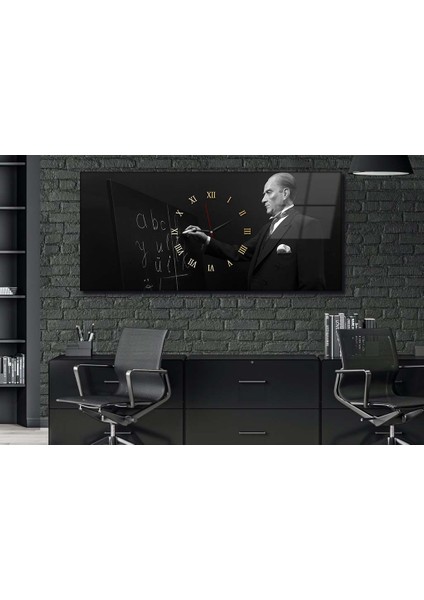 Atatürk ve Harf Inkılabı Yatay Ortadan Saatli Vatan Temalı Cam Tablo 057 YSOV057