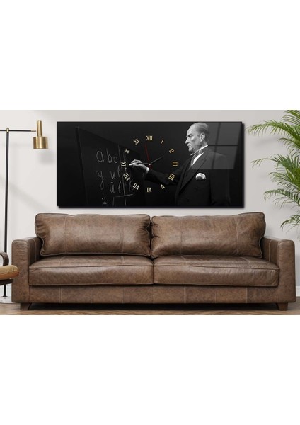 Atatürk ve Harf Inkılabı Yatay Ortadan Saatli Vatan Temalı Cam Tablo 057 YSOV057
