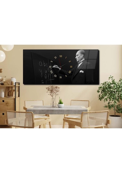 Atatürk ve Harf Inkılabı Yatay Ortadan Saatli Vatan Temalı Cam Tablo 057 YSOV057