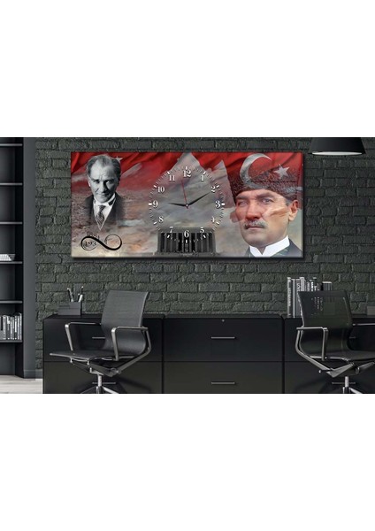 Atatürk 1881-1938 ve Türk Bayrağı Yatay Ortadan Saatli Vatan Temalı Cam Tablo 067 YSOV067
