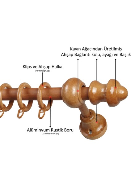 Raysız Ahşap Klasik Rustik Perde Askısı (Alüminyum Boru) Halka ve Klips