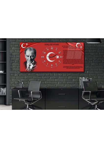 Atatürk Gençliğe Hitabe Yatay Ortadan Saatli Vatan Temalı Cam Tablo 011 YSOV011