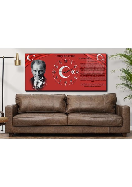 Atatürk Gençliğe Hitabe Yatay Ortadan Saatli Vatan Temalı Cam Tablo 011 YSOV011
