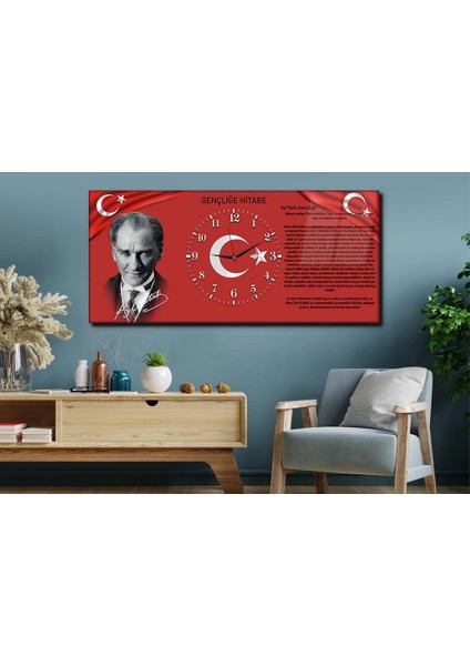 Atatürk Gençliğe Hitabe Yatay Ortadan Saatli Vatan Temalı Cam Tablo 011 YSOV011
