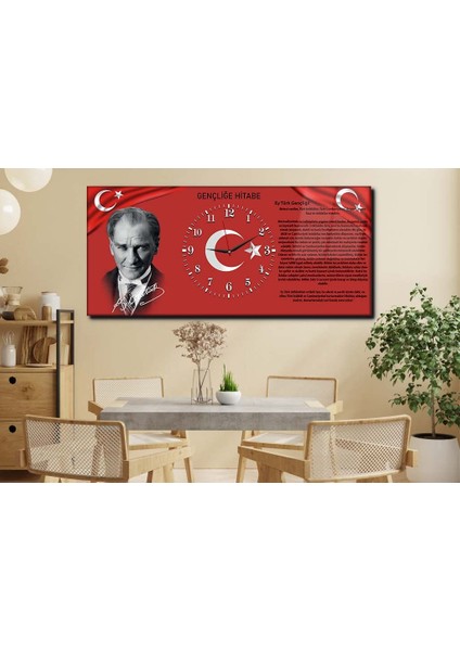 Atatürk Gençliğe Hitabe Yatay Ortadan Saatli Vatan Temalı Cam Tablo 011 YSOV011