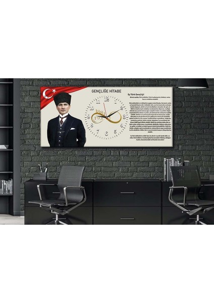 Atatürk ve Gençliğe Hitabe Yatay Ortadan Saatli Vatan Temalı Cam Tablo 024 YSOV024