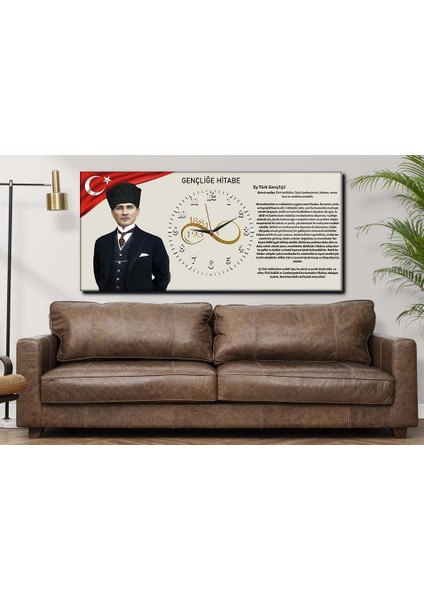 Atatürk ve Gençliğe Hitabe Yatay Ortadan Saatli Vatan Temalı Cam Tablo 024 YSOV024
