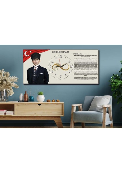 Atatürk ve Gençliğe Hitabe Yatay Ortadan Saatli Vatan Temalı Cam Tablo 024 YSOV024