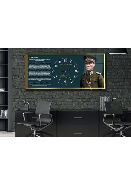 Atatürk ve Gençliğe Hitabe Yatay Ortadan Saatli Vatan Temalı Cam Tablo 040 YSOV040