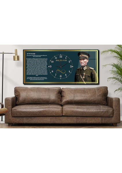 Atatürk ve Gençliğe Hitabe Yatay Ortadan Saatli Vatan Temalı Cam Tablo 040 YSOV040