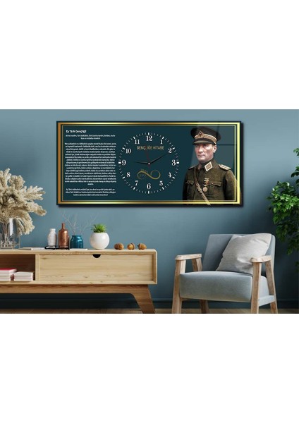 Atatürk ve Gençliğe Hitabe Yatay Ortadan Saatli Vatan Temalı Cam Tablo 040 YSOV040