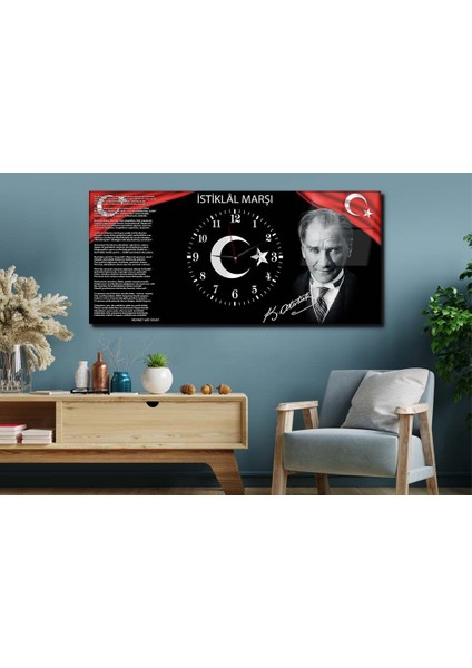 Atatürk ve Istiklal Marşı Yatay Ortadan Saatli Vatan Temalı Cam Tablo 013 YSOV013