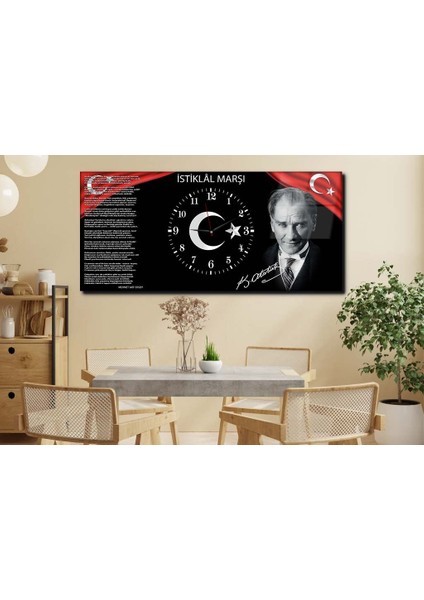 Atatürk ve Istiklal Marşı Yatay Ortadan Saatli Vatan Temalı Cam Tablo 013 YSOV013