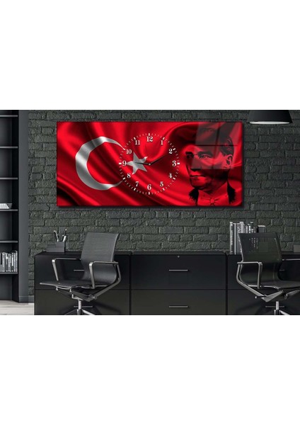 Yatay Ortadan Saatli Vatan Temalı Cam Tablo 062 YSOV062