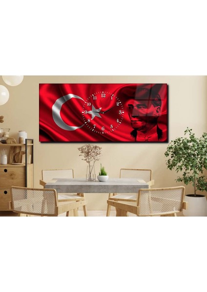 Yatay Ortadan Saatli Vatan Temalı Cam Tablo 062 YSOV062