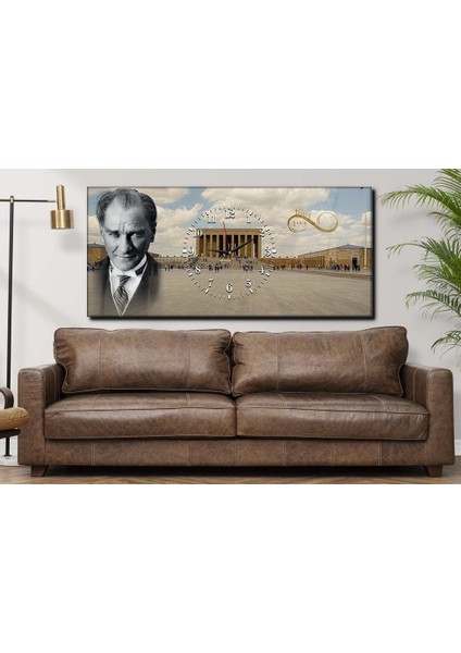 Atatürk ve Anıtkabir Yatay Ortadan Saatli Vatan Temalı Cam Tablo 063 YSOV063