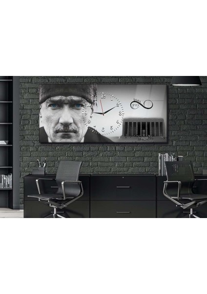 Yatay Ortadan Saatli Vatan Temalı Cam Tablo 066 YSOV066