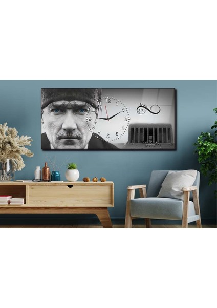Yatay Ortadan Saatli Vatan Temalı Cam Tablo 066 YSOV066