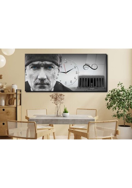 Yatay Ortadan Saatli Vatan Temalı Cam Tablo 066 YSOV066