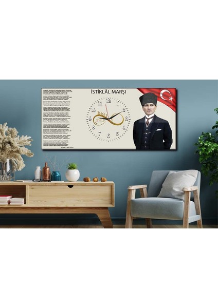 Yatay Ortadan Saatli Vatan Temalı Cam Tablo 025 YSOV025