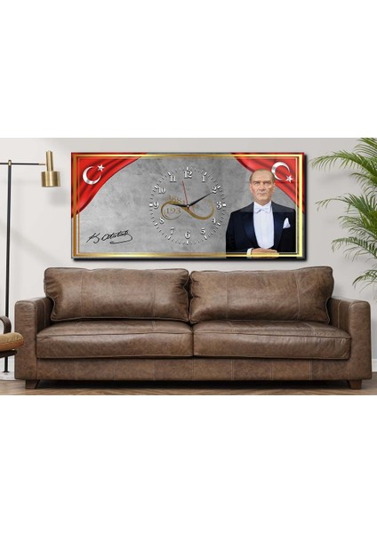 Yatay Ortadan Saatli Vatan Temalı Cam Tablo 032 YSOV032