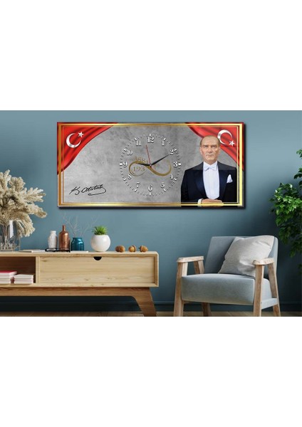Yatay Ortadan Saatli Vatan Temalı Cam Tablo 032 YSOV032