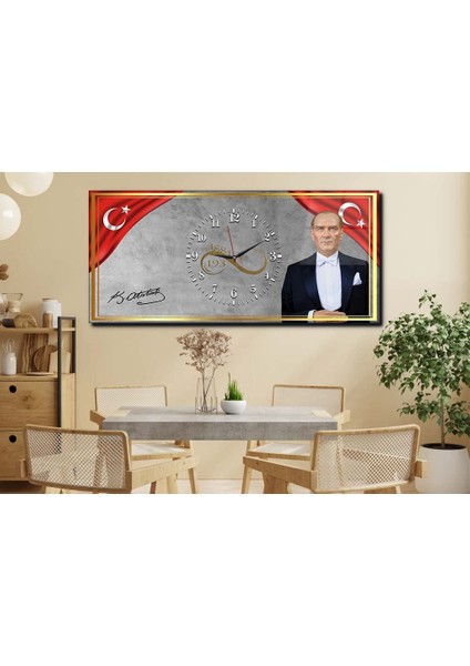 Yatay Ortadan Saatli Vatan Temalı Cam Tablo 032 YSOV032