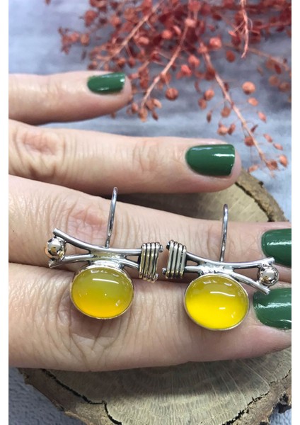 Nsa Sılver Akik Taşlı Gümüş Küpe 925 Ayar Doğal Taş Sarı Akik El Işi