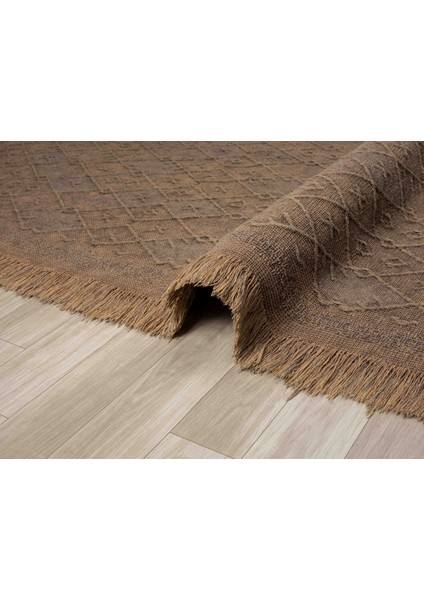 Antique Prm Light Brown - Dört Tarafı Saçaklı Pamuklu Yıkanabilir Kilim  Yazlık Dekoratif Hediye