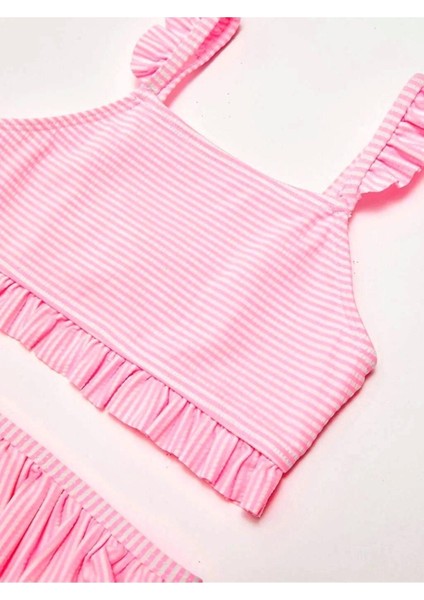 Çizgili Fırfırlı Kız Çocuk Bikini Takım