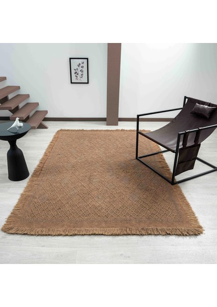 Antique Prm Light Brown - Dört Tarafı Saçaklı Pamuklu Yıkanabilir Kilim  Yazlık Dekoratif Hediye