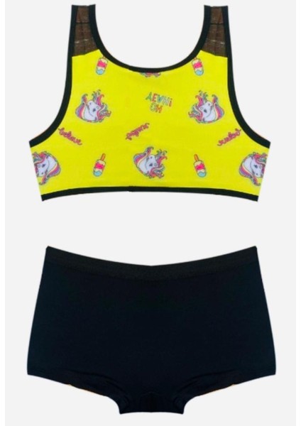 Kız Çocuk Unicorn Desen Sarı-siyah Bikini Takım Db200529cm