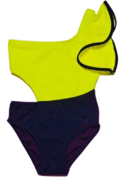 Neon Sarı Kolu Volan Detaylı Kız Çocuk Mayo Db200566cm