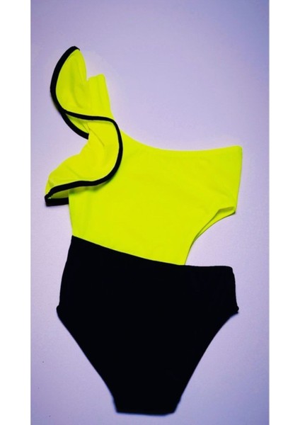 Neon Sarı Kolu Volan Detaylı Kız Çocuk Mayo Db200566cm